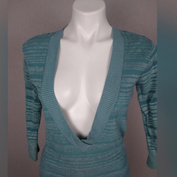 Vanity Deep V-neck 3/4 Sleeve Stripe Ribbed Texture Early 2000's Top Size Large - Picture 3 of 12